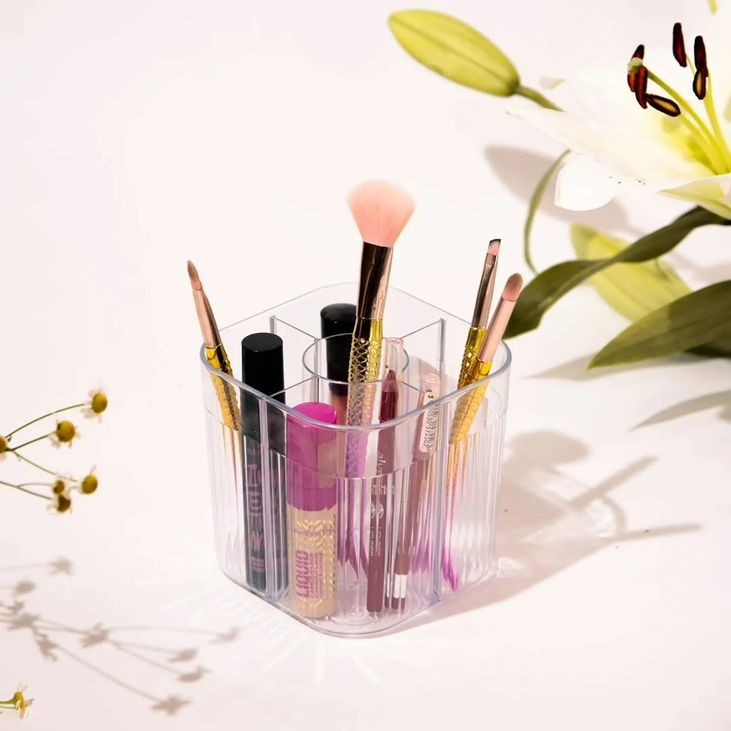 استند لوازم آرایشی و جای برس دنزی - ارگانایزر رومیزی شفاف ۵ خانه